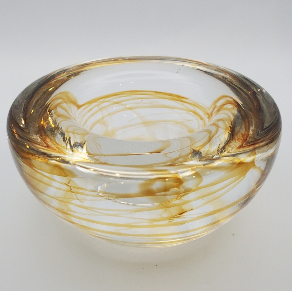 Vintage KOSTA BODA Votive Candle Holder Scandinavian Art Glass Amber Swirls